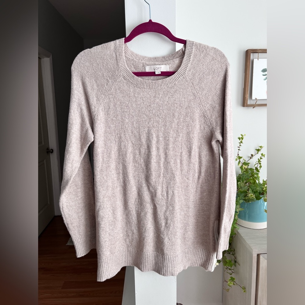 LOFT Tan Long Sleeve Crew Neck Side Zipper Sweater